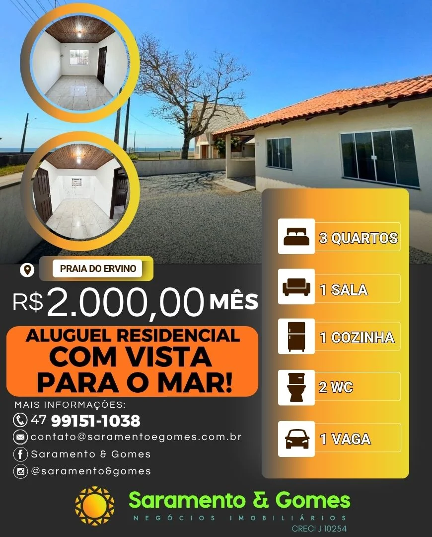 Casa com uma Belíssima Vista do Mar para aluguel anual na Praia do Ervino