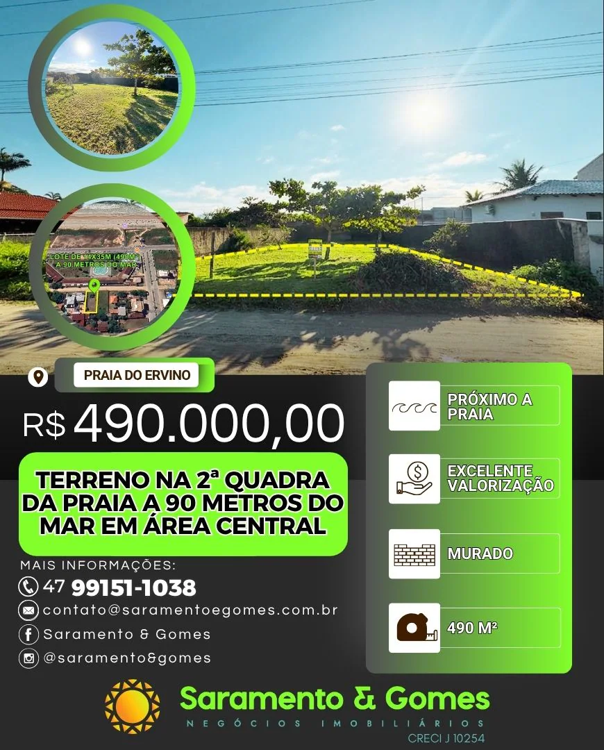 Terreno de 490 m² na 2ª quadra da Praia a apenas 90 metros do Mar - Pronto para Construir