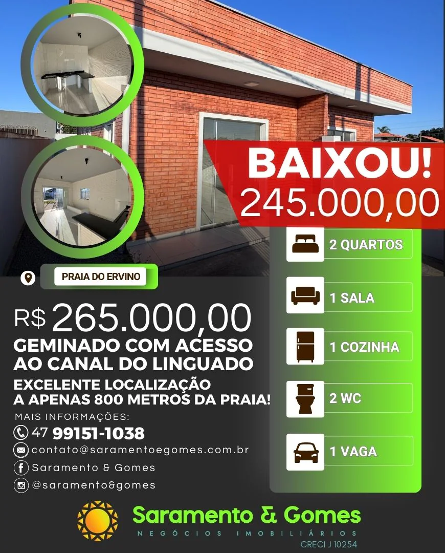 Geminado (novo) a 800 metros da Praia, pertinho do canal do linguado