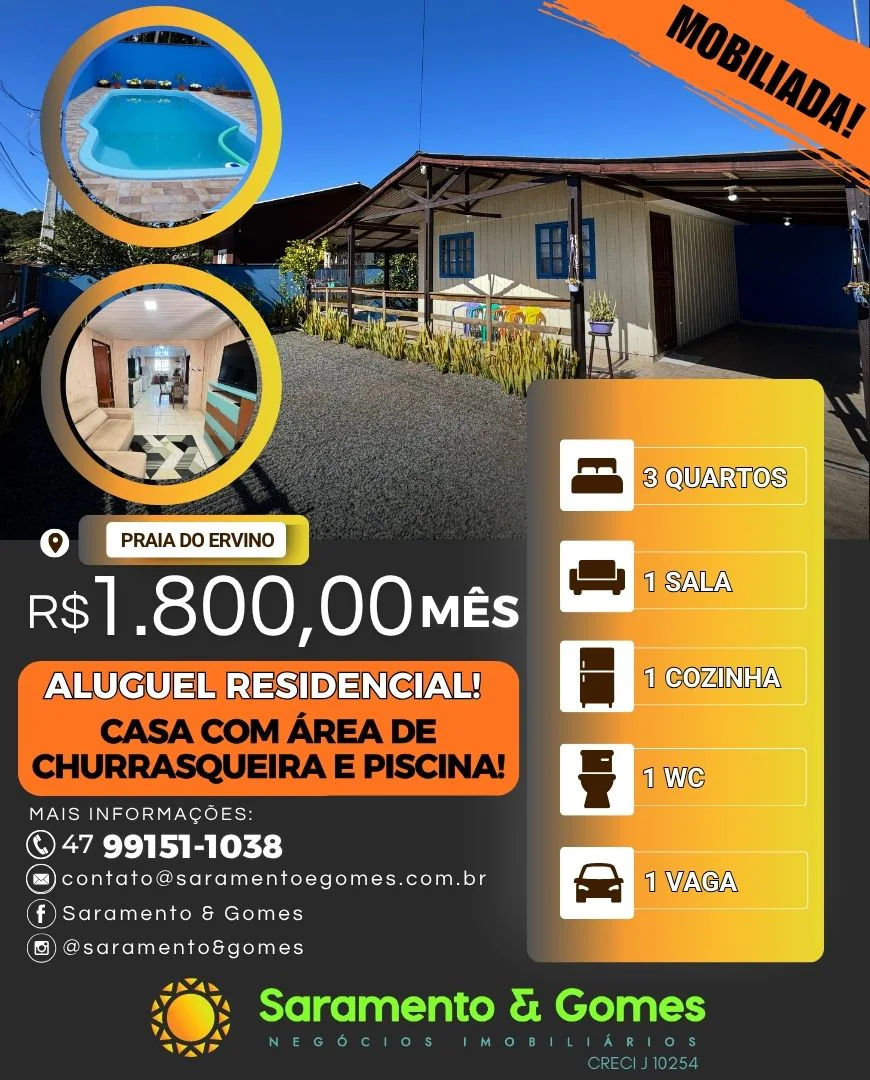 Casa com Piscina para aluguel mensal na Praia do Ervino